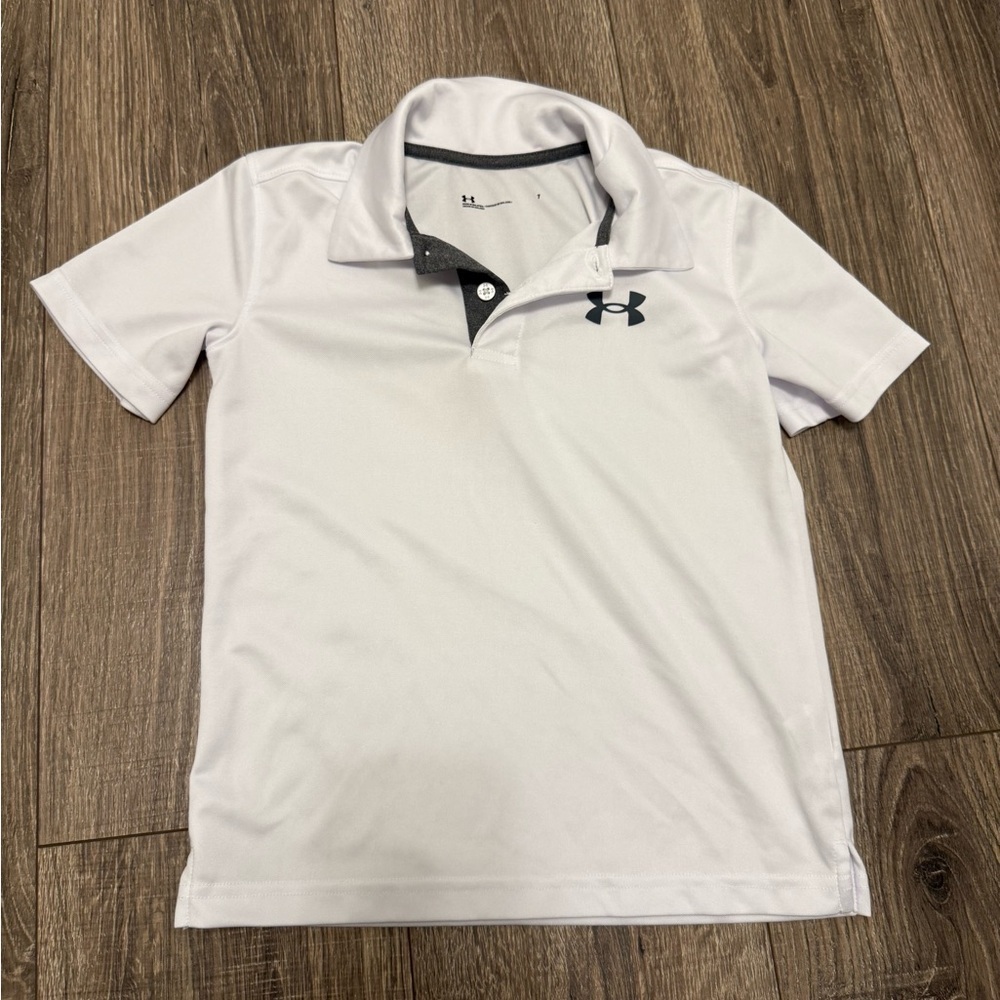 Under Armour Shirt Boys Size Youth 7 Loose White Polo Short Sleeve Navy Blue
